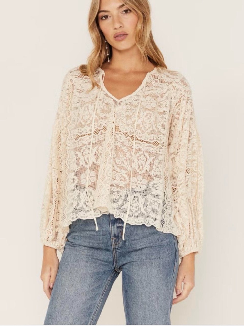 Jen's Pirate Booty fortune top Cream Crochet Lace Peasant Blouse S nwot